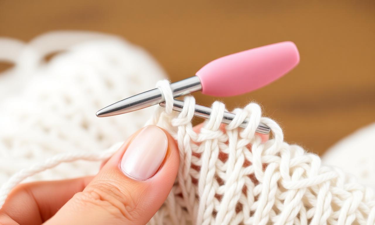 Agulha de crochê ergonômica com cabo rosa em close trabalhando fio branco
