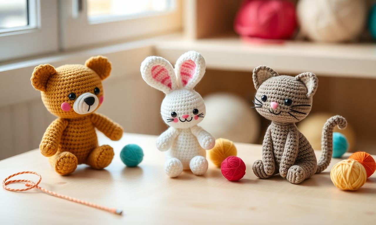 Trio de amigurumis: urso, coelho e gato em fio de algodão