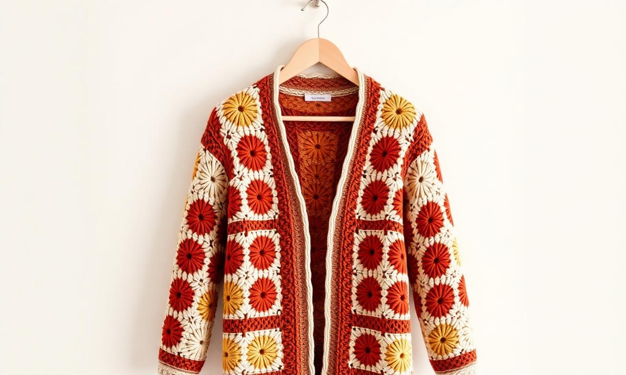 Cardigan moderno feito de granny squares em terracota, creme e mostarda