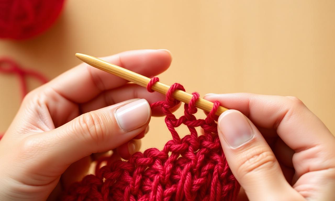 Mãos formando pontos básicos de crochê com agulha de bambu e fio vermelho