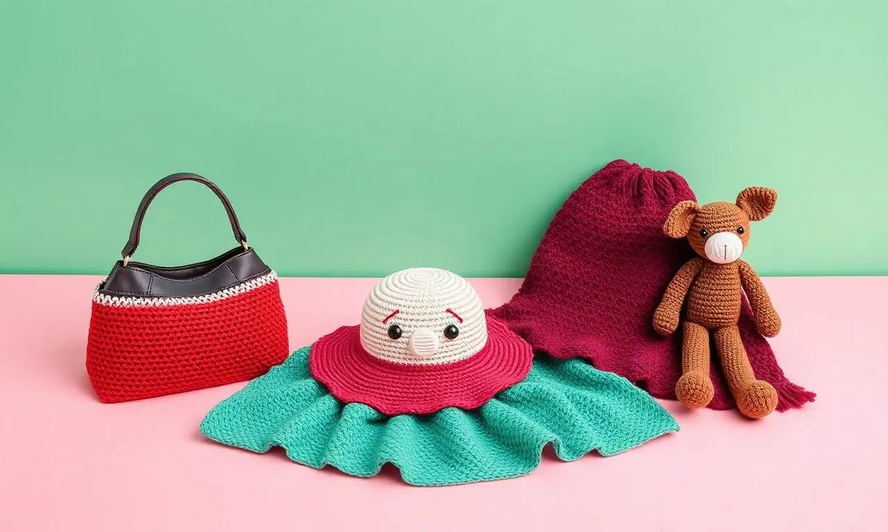 Produtos feitos em crochê como bolsa, chapéu, manta e amigurumi