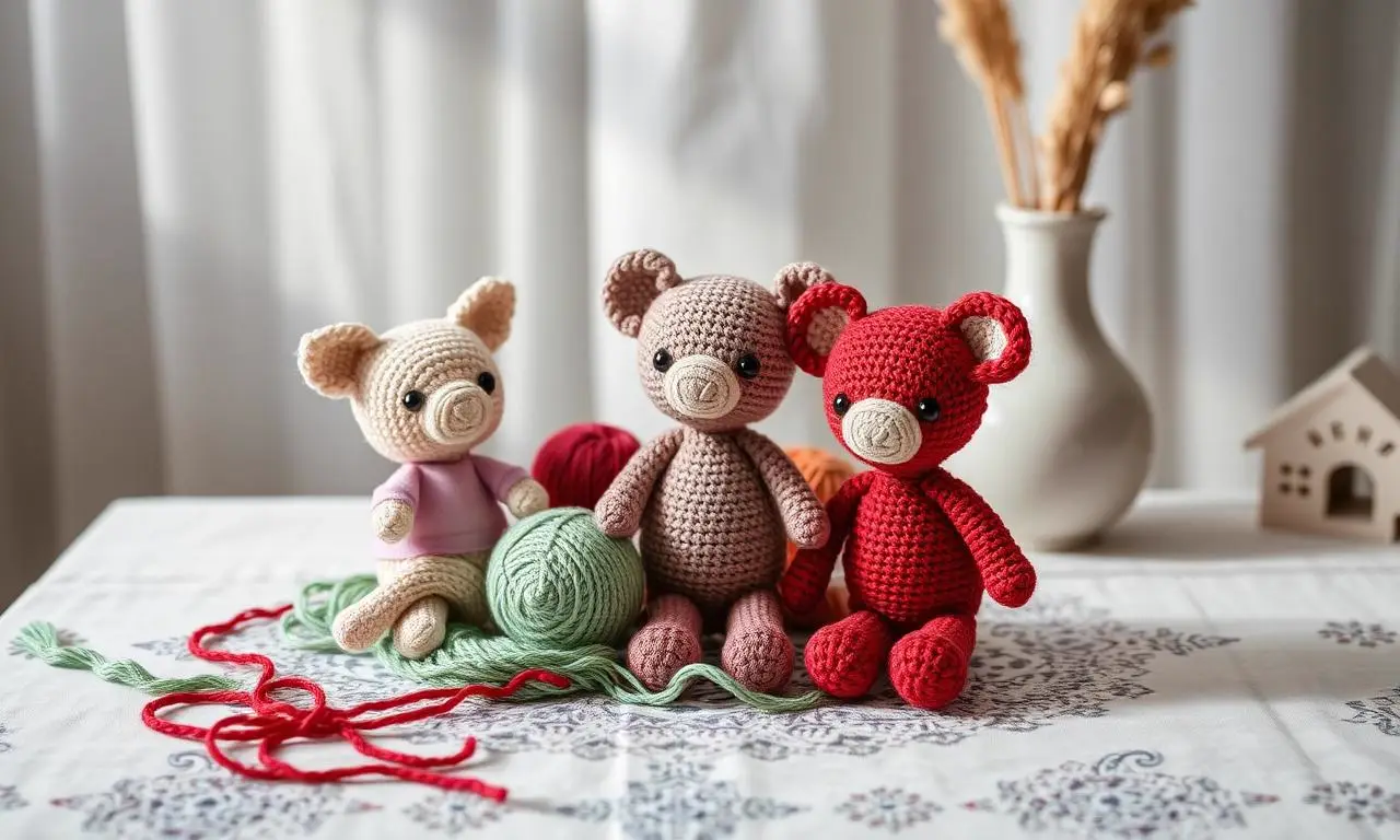 Amigurumis e novelos ilustrando técnicas de crochê artesanal