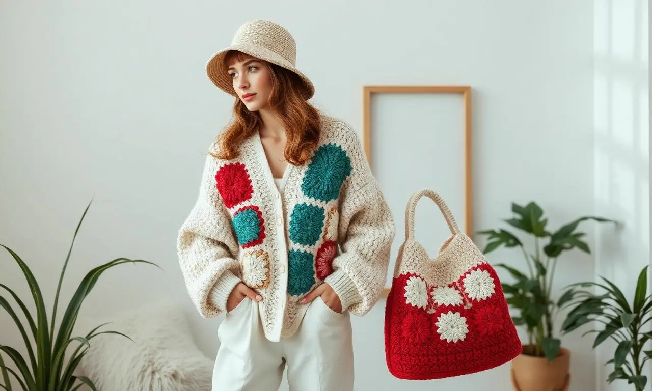 Look moderno com cardigan, bolsa e chapéu de crochê em tendência