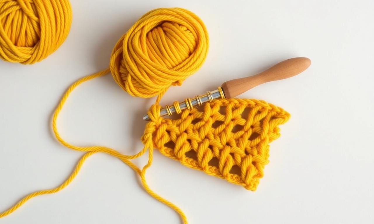 Agulha tunisiana longa com pontos abertos em fio amarelo mostarda